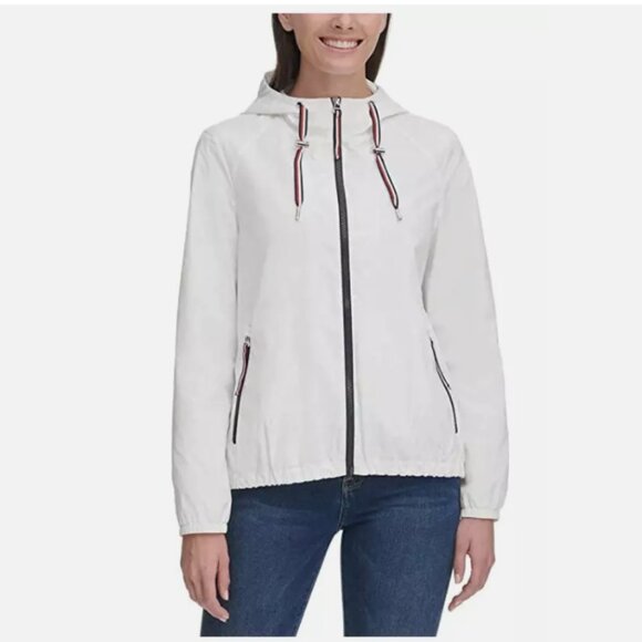 Tommy Hilfiger Women's White Hooded Rain/Windbreaker Jacket